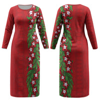 Tonga Language Week Couples Matching Long Sleeve Bodycon Dress and Hawaiian Shirt Heilala Floral Red