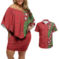 Tonga Language Week Couples Matching Off Shoulder Short Dress and Hawaiian Shirt Heilala Floral Red