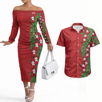 Tonga Language Week Couples Matching Off The Shoulder Long Sleeve Dress and Hawaiian Shirt Heilala Floral Red