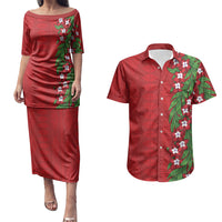 Tonga Language Week Couples Matching Puletasi and Hawaiian Shirt Heilala Floral Red