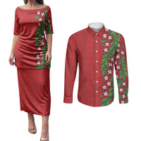 Tonga Language Week Couples Matching Puletasi and Long Sleeve Button Shirt Heilala Floral Red