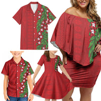 Tonga Language Week Family Matching Off Shoulder Short Dress and Hawaiian Shirt Heilala Floral Red