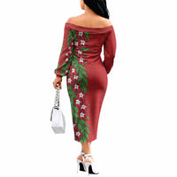 Tonga Language Week Off The Shoulder Long Sleeve Dress Heilala Floral Red LT05 - Polynesian Pride