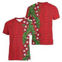 Tonga Language Week Women V-Neck T-Shirt Heilala Floral Red