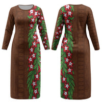 Tonga Language Week Couples Matching Long Sleeve Bodycon Dress and Long Sleeve Button Shirt Heilala Floral Brown