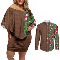 Tonga Language Week Couples Matching Off Shoulder Short Dress and Long Sleeve Button Shirt Heilala Floral Brown