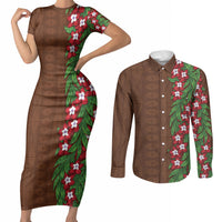 Tonga Language Week Couples Matching Short Sleeve Bodycon Dress and Long Sleeve Button Shirt Heilala Floral Brown LT05 Brown - Polynesian Pride