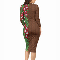 Tonga Language Week Long Sleeve Bodycon Dress Heilala Floral Brown LT05 - Polynesian Pride