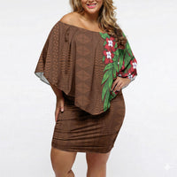 Tonga Language Week Off Shoulder Short Dress Heilala Floral Brown LT05 Women Brown - Polynesian Pride
