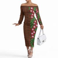 Tonga Language Week Off The Shoulder Long Sleeve Dress Heilala Floral Brown LT05 Women Brown - Polynesian Pride