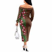Tonga Language Week Off The Shoulder Long Sleeve Dress Heilala Floral Brown LT05 - Polynesian Pride