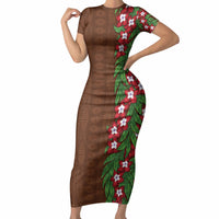 Tonga Language Week Short Sleeve Bodycon Dress Heilala Floral Brown LT05 Long Dress Brown - Polynesian Pride