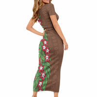Tonga Language Week Short Sleeve Bodycon Dress Heilala Floral Brown LT05 - Polynesian Pride