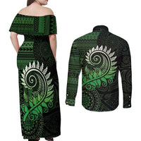 New Zealand Maori Koru Fern Couples Matching Off Shoulder Maxi Dress and Long Sleeve Button Shirt Spiral Polynesian Style Green LT05 - Polynesian Pride