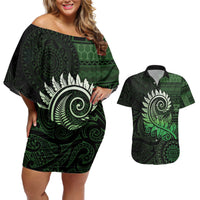 New Zealand Maori Koru Fern Couples Matching Off Shoulder Short Dress and Hawaiian Shirt Spiral Polynesian Style Green LT05 Green - Polynesian Pride