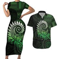 New Zealand Maori Koru Fern Couples Matching Short Sleeve Bodycon Dress and Hawaiian Shirt Spiral Polynesian Style Green LT05 Green - Polynesian Pride