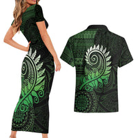 New Zealand Maori Koru Fern Couples Matching Short Sleeve Bodycon Dress and Hawaiian Shirt Spiral Polynesian Style Green LT05 - Polynesian Pride