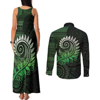 New Zealand Maori Koru Fern Couples Matching Tank Maxi Dress and Long Sleeve Button Shirt Spiral Polynesian Style Green LT05 - Polynesian Pride