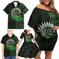 New Zealand Maori Koru Fern Family Matching Off Shoulder Short Dress and Hawaiian Shirt Spiral Polynesian Style Green LT05 - Polynesian Pride