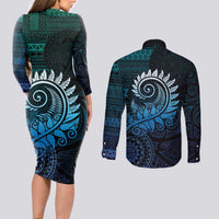 New Zealand Maori Koru Fern Couples Matching Long Sleeve Bodycon Dress and Long Sleeve Button Shirt Spiral Polynesian Style Aqua Gradient LT05 - Polynesian Pride