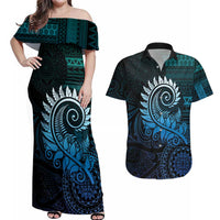 New Zealand Maori Koru Fern Couples Matching Off Shoulder Maxi Dress and Hawaiian Shirt Spiral Polynesian Style Aqua Gradient LT05 Aqua - Polynesian Pride
