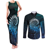 New Zealand Maori Koru Fern Couples Matching Tank Maxi Dress and Long Sleeve Button Shirt Spiral Polynesian Style Aqua Gradient LT05 Aqua - Polynesian Pride