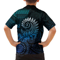 New Zealand Maori Koru Fern Family Matching Off The Shoulder Long Sleeve Dress and Hawaiian Shirt Spiral Polynesian Style Aqua Gradient LT05 - Polynesian Pride