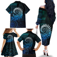 New Zealand Maori Koru Fern Family Matching Off The Shoulder Long Sleeve Dress and Hawaiian Shirt Spiral Polynesian Style Aqua Gradient LT05 - Polynesian Pride