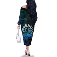 New Zealand Maori Koru Fern Family Matching Off The Shoulder Long Sleeve Dress and Hawaiian Shirt Spiral Polynesian Style Aqua Gradient LT05 - Polynesian Pride