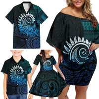 New Zealand Maori Koru Fern Family Matching Off Shoulder Short Dress and Hawaiian Shirt Spiral Polynesian Style Aqua Gradient LT05 - Polynesian Pride
