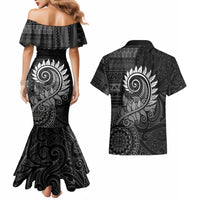 New Zealand Maori Koru Fern Couples Matching Mermaid Dress and Hawaiian Shirt Spiral Polynesian Style Gray LT05 - Polynesian Pride