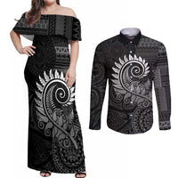 New Zealand Maori Koru Fern Couples Matching Off Shoulder Maxi Dress and Long Sleeve Button Shirt Spiral Polynesian Style Gray LT05 Gray - Polynesian Pride