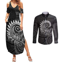 New Zealand Maori Koru Fern Couples Matching Summer Maxi Dress and Long Sleeve Button Shirt Spiral Polynesian Style Gray LT05 Gray - Polynesian Pride