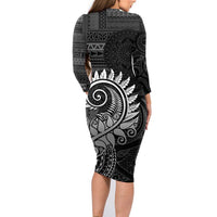 New Zealand Maori Koru Fern Family Matching Long Sleeve Bodycon Dress and Hawaiian Shirt Spiral Polynesian Style Gray LT05 - Polynesian Pride