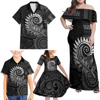 New Zealand Maori Koru Fern Family Matching Off Shoulder Maxi Dress and Hawaiian Shirt Spiral Polynesian Style Gray LT05 - Polynesian Pride