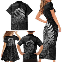 New Zealand Maori Koru Fern Family Matching Short Sleeve Bodycon Dress and Hawaiian Shirt Spiral Polynesian Style Gray LT05 - Polynesian Pride