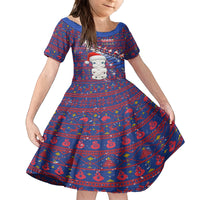 Personalized New Zealand Christmas Family Matching Off Shoulder Short Dress and Hawaiian Shirt Haka Fern Santa Tiki Meri Kirihimete LT05 Daughter's Dress Blue - Polynesian Pride