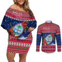 Guam Christmas Couples Matching Off Shoulder Short Dress and Long Sleeve Button Shirts Guaman Seal Poinsettia Felis Pasgua LT05 Red - Polynesian Pride