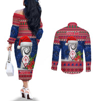 Guam Christmas Couples Matching Off The Shoulder Long Sleeve Dress and Long Sleeve Button Shirts Guaman Seal Poinsettia Felis Pasgua LT05 - Polynesian Pride