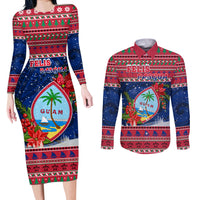 Personalized Guam Christmas Couples Matching Long Sleeve Bodycon Dress and Long Sleeve Button Shirts Guaman Seal Poinsettia Felis Pasgua LT05 Red - Polynesian Pride