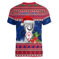 Personalized Guam Christmas Women V Neck T Shirt Guaman Seal Poinsettia Felis Pasgua LT05 - Polynesian Pride