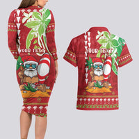 Personalised Hawaii Christmas Couples Matching Long Sleeve Bodycon Dress and Hawaiian Shirt Funny Santa Claus Surf Mele Kalikimaka LT05 - Polynesian Pride