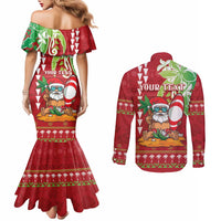 Personalised Hawaii Christmas Couples Matching Mermaid Dress and Long Sleeve Button Shirt Funny Santa Claus Surf Mele Kalikimaka LT05 - Polynesian Pride