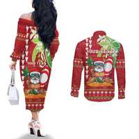 Personalised Hawaii Christmas Couples Matching Off The Shoulder Long Sleeve Dress and Long Sleeve Button Shirt Funny Santa Claus Surf Mele Kalikimaka LT05 - Polynesian Pride
