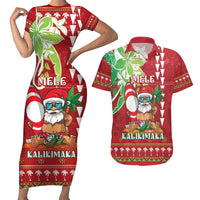 Personalised Hawaii Christmas Couples Matching Short Sleeve Bodycon Dress and Hawaiian Shirt Funny Santa Claus Surf Mele Kalikimaka LT05 Red - Polynesian Pride