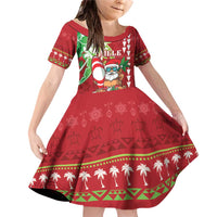 Personalised Hawaii Christmas Family Matching Off Shoulder Short Dress and Hawaiian Shirt Funny Santa Claus Surf Mele Kalikimaka LT05 Daughter's Dress Red - Polynesian Pride