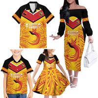Papua New Guinea Rugby Custom Family Matching Off The Shoulder Long Sleeve Dress and Hawaiian Shirt Kumul Pride Go Champions LT05 - Polynesian Pride