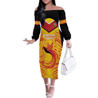 Papua New Guinea Rugby Custom Family Matching Off The Shoulder Long Sleeve Dress and Hawaiian Shirt Kumul Pride Go Champions LT05 Mom's Dress Yellow - Polynesian Pride