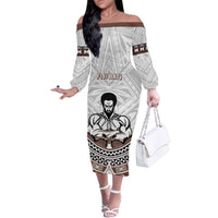Fiji Rugby Custom Family Matching Off The Shoulder Long Sleeve Dress and Hawaiian Shirt Fijian Bati Go Champions LT05 Mom's Dress White - Polynesian Pride