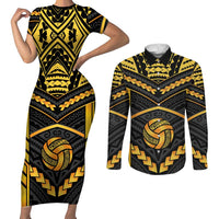 Custom Polynesia Beach Volleyball Couples Matching Short Sleeve Bodycon Dress and Long Sleeve Button Shirt Gold Polynesian Tribal Pattern - Polynesian Pride